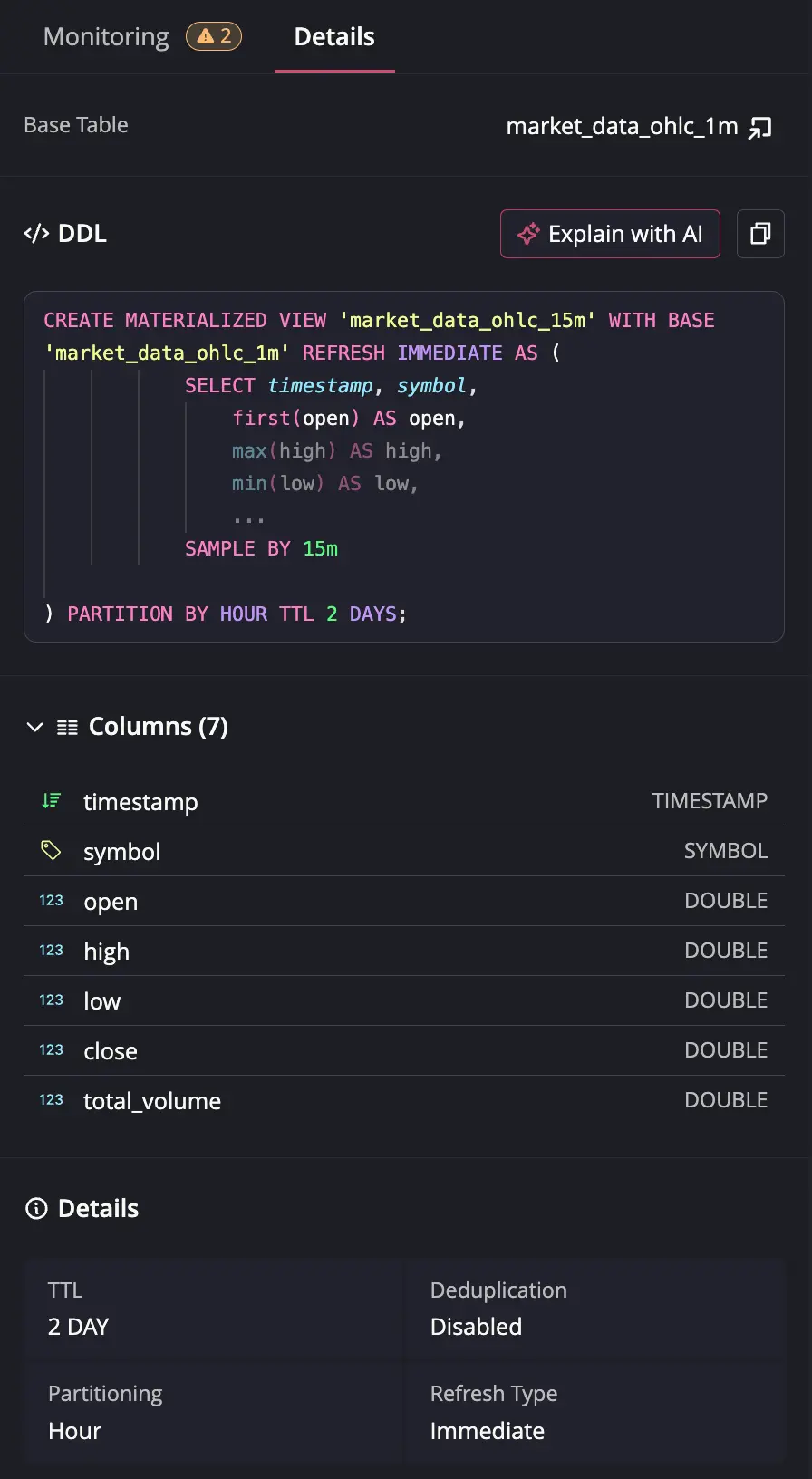 Table Details tab
